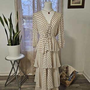 Suzanne Betro Cream and Black Polka Dot Long Sleeve Dress